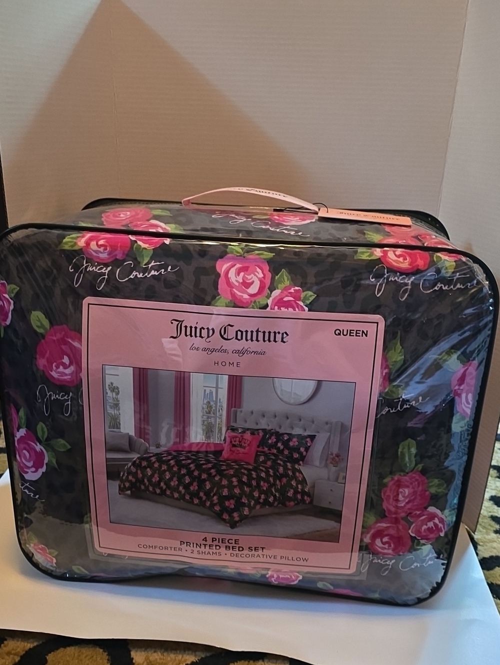 Juicy Couture Black Comforter Set with Pink Rose Print